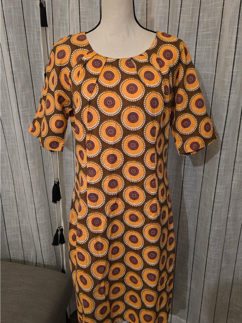 Mustard Yellow & Brown Printed Scoop-Neck Midi Dress